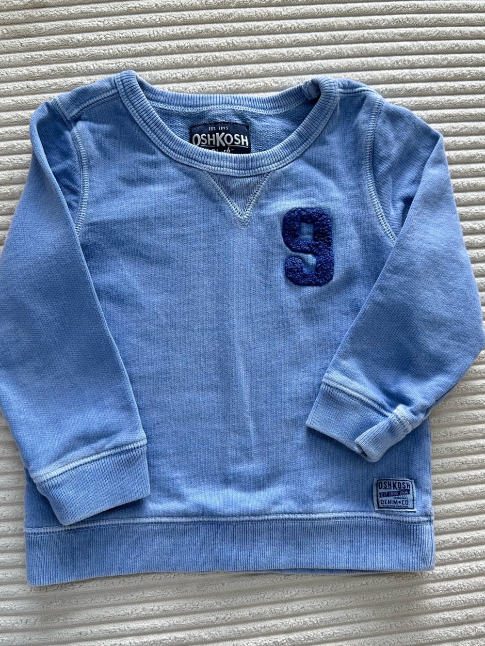 OshKosh B'gosh Washout Blue Kids Sweatshirt with Navy Appliqué in Size 18-24 Mo